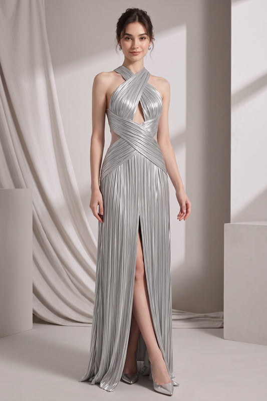 Silver Metallic Plissé Column Gown silver metallic plissé gown - product view 1