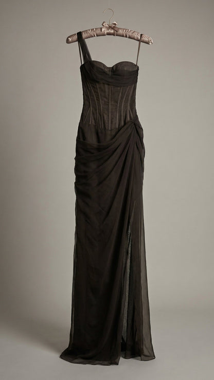 Lace Corset One Shoulder Midi Dress - Black