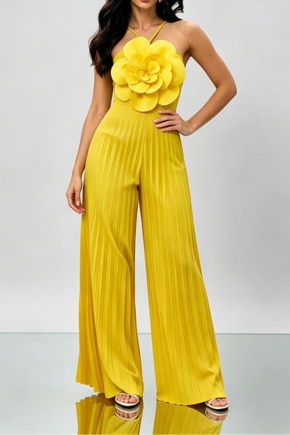 Bright Yellow 3D Floral Halter Pleated Wide Leg Jumpsuit