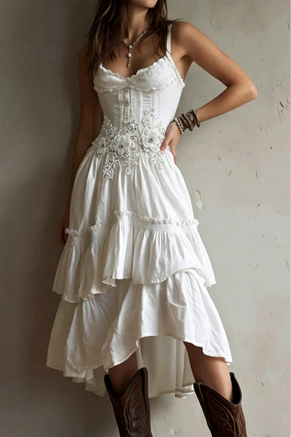 Corset-Style Embroidery Lace Trim Tiered Midi Dress