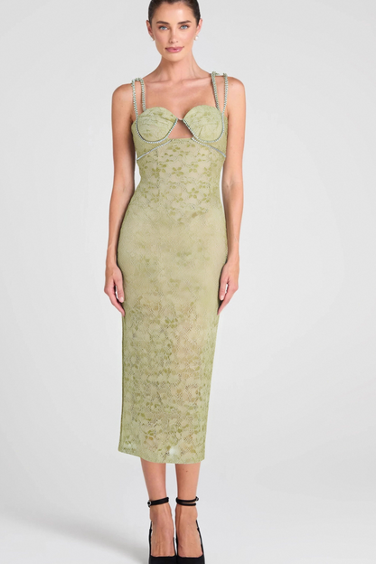 LACE FLORAL CRYSTAL CHAIN BUSTIER MIDI DRESS
