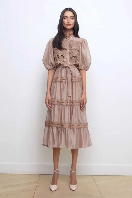 Inès lace cut-out tiered midi dress