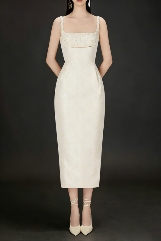 BEADED BROCADE PENCIL MIDI DRESS
