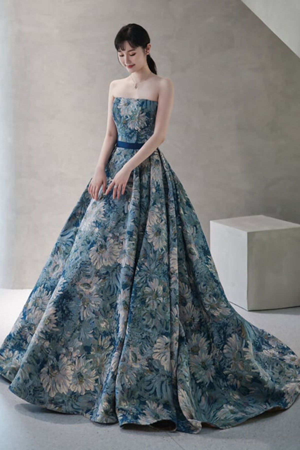 A-Line Blue Satin Long Prom Dress