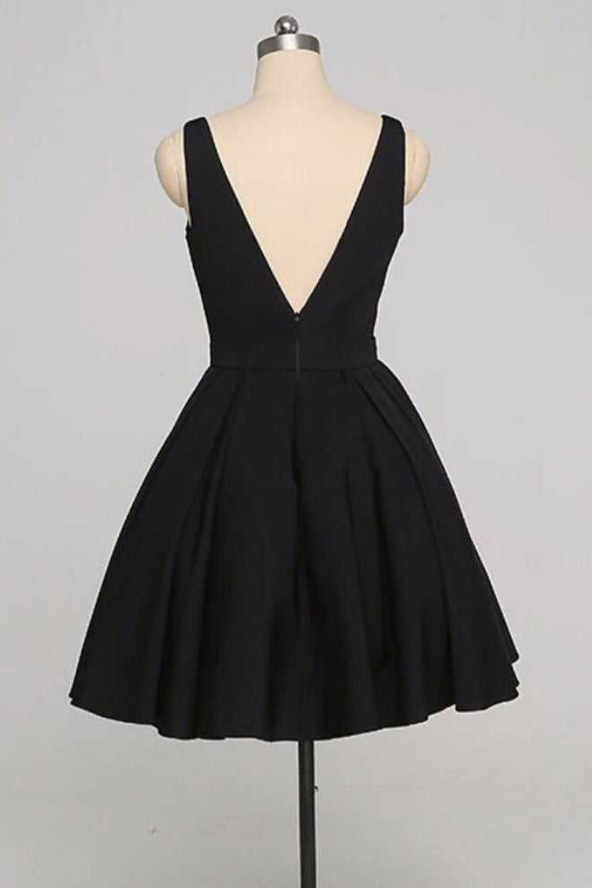 v neck black mini prom dress