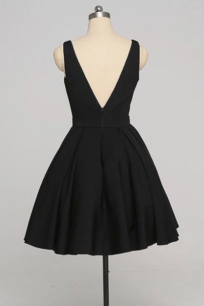 v neck black mini prom dress