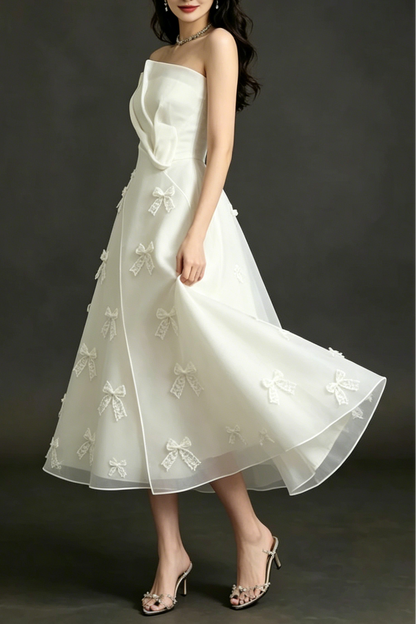 Draped Strapless Lace Bow Organza Mid Dress