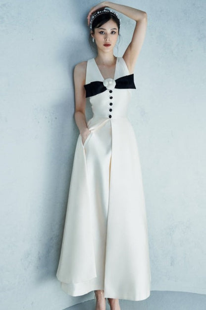 flower embellished bow midi dress in white