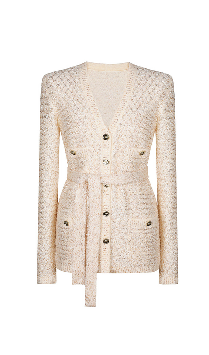 sequin knit v-neck cardigan in beige