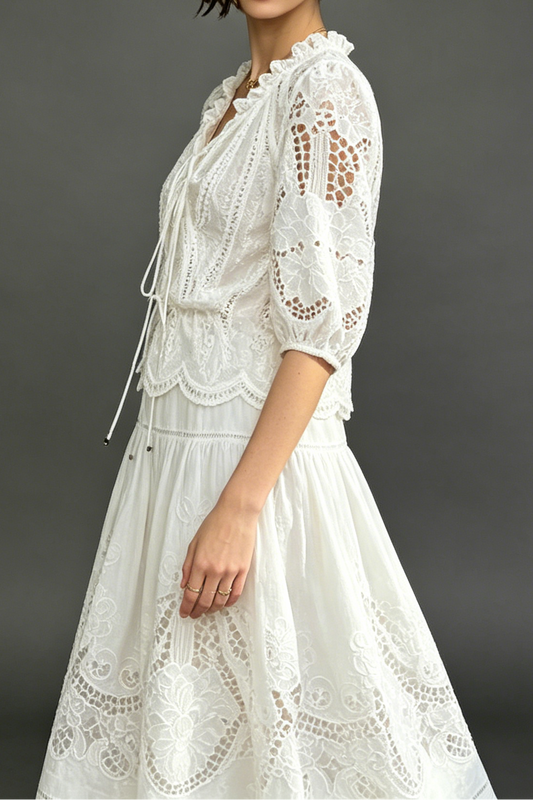 White Eyelet Lace Tiered Maxi Dress with Puff Sleeves