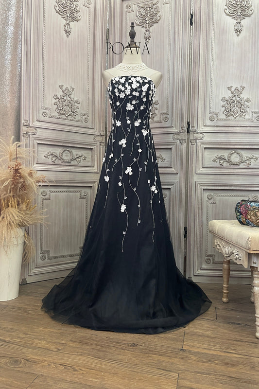 Floral Mesh Strapless Maxi Dress In Black