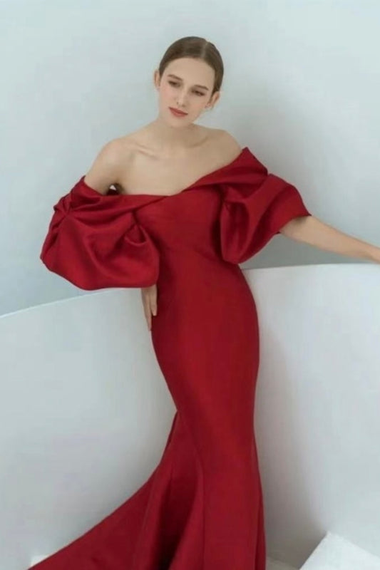 Off Shoulder Satin Dark Red Mermaid Dress