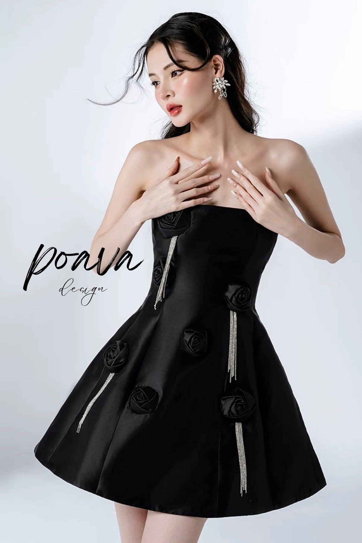 Satin Flower Ornament Mini Dress In Black