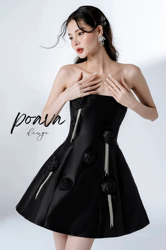 Satin Flower Ornament Mini Dress In Black