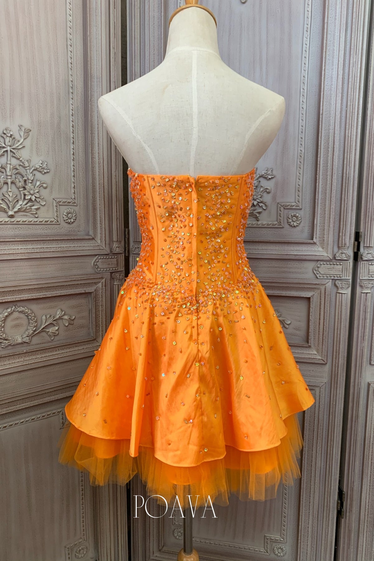 Embellished Mini Strapless Dress In Orange