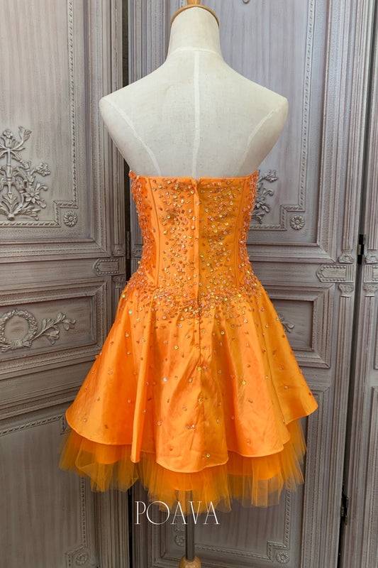 Embellished Mini Strapless Dress In Orange