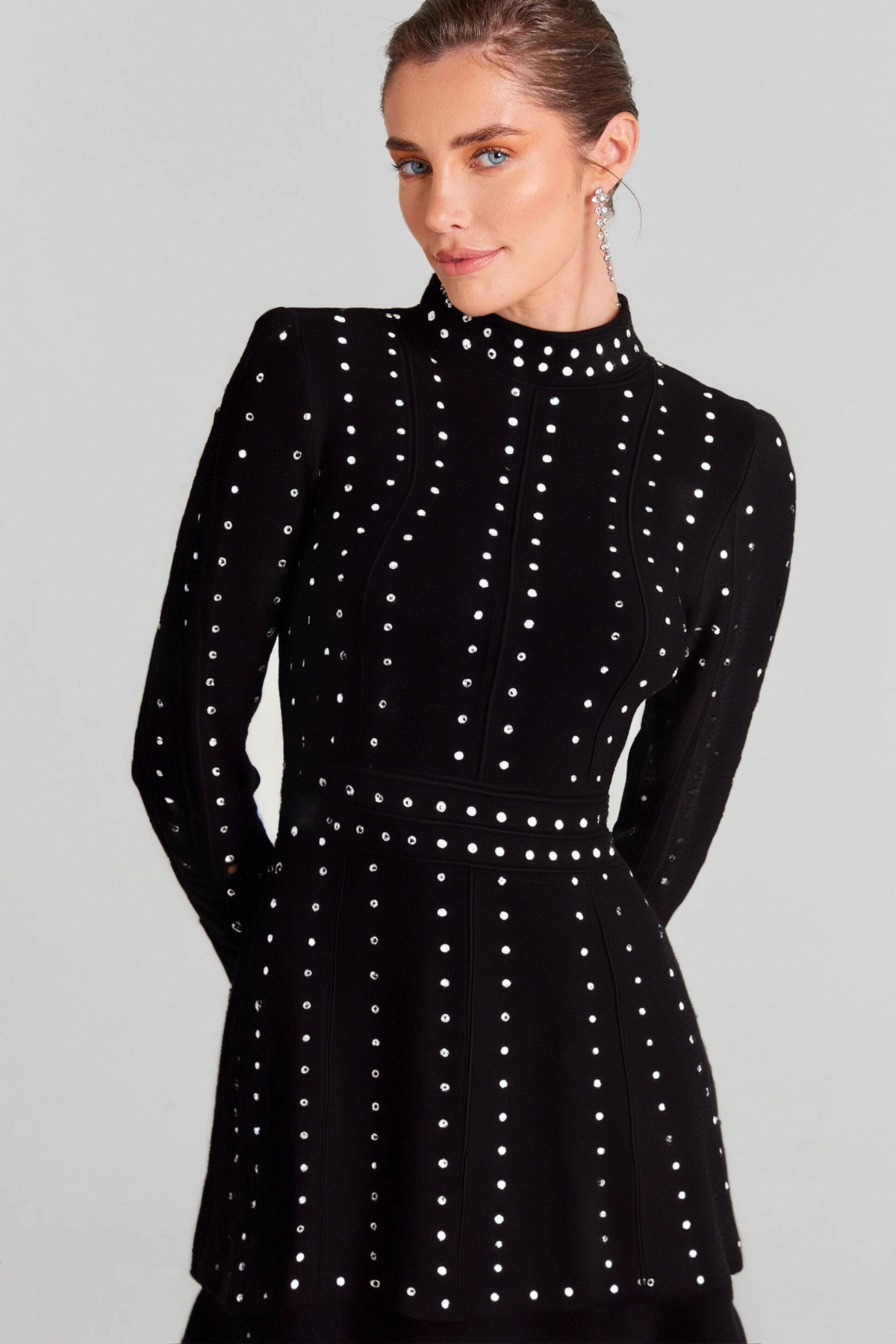 Fabienne black embellished ruffled knitted mini dress