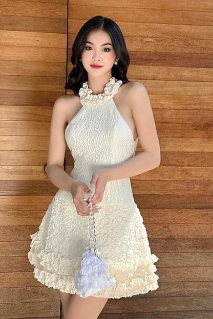 Summer Sleeveless Ruffle Collar Jacquard Mini Dress