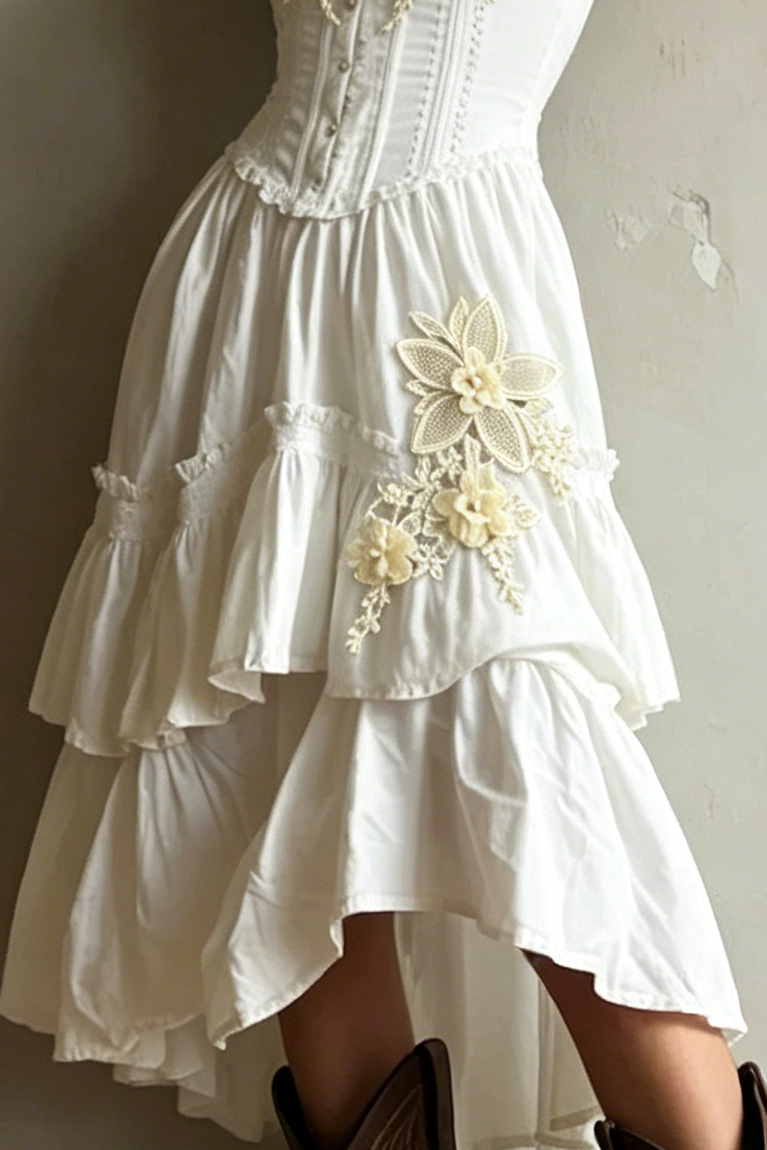 Corset-Style Embroidery Lace Trim Tiered Midi Dress