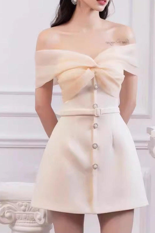 Pearl buckle off shoulder mini dress