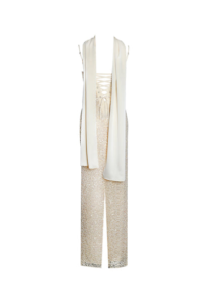 Raizel Gold Beaded Sequin Bodycon Gown with Scarf