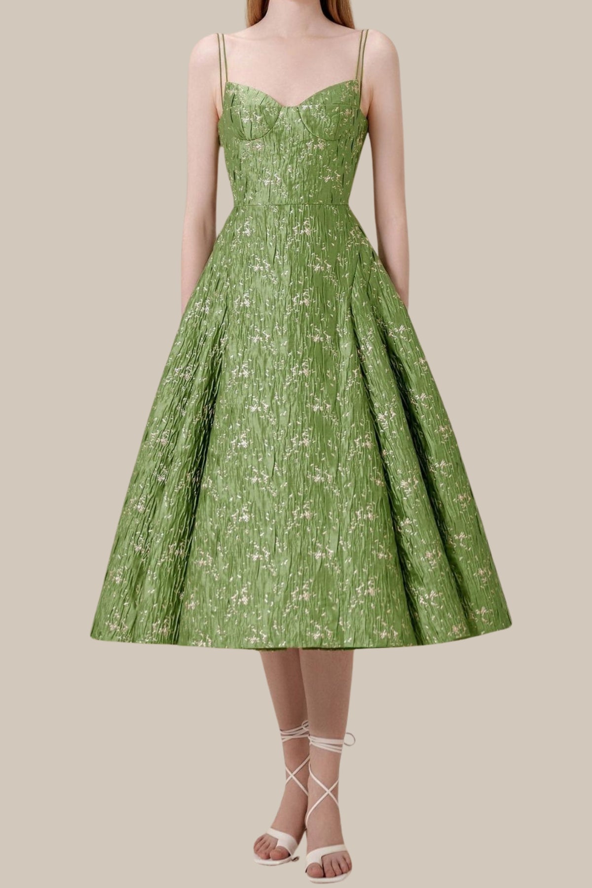 VINTAGE GREEN SUSPENDER JACQUARD MIDI DRESS
