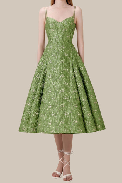 VINTAGE GREEN SUSPENDER JACQUARD MIDI DRESS
