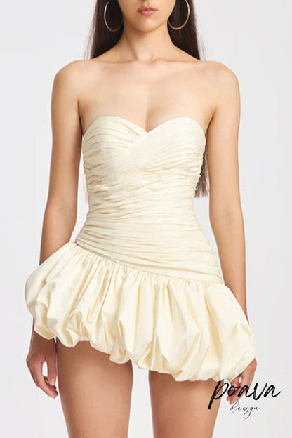Balloon Draped strapless Mini Dress in white