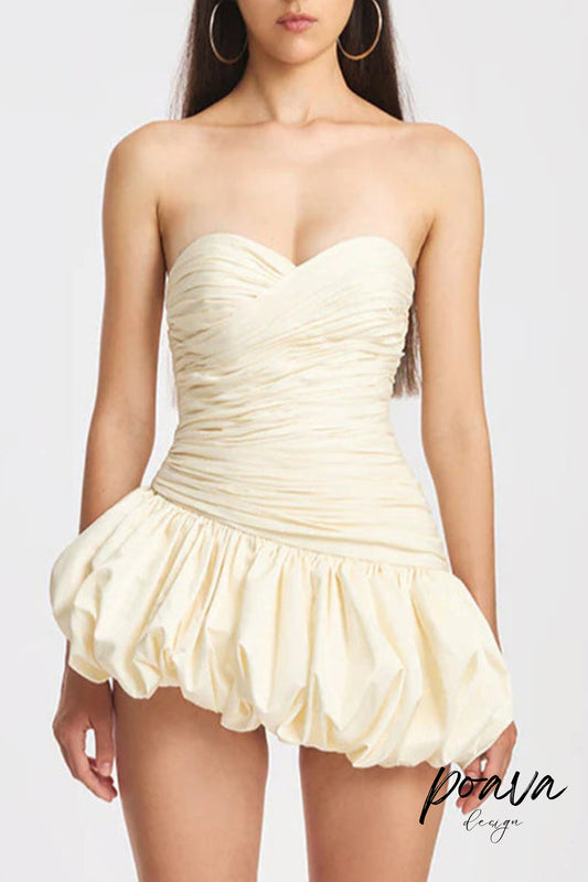 Balloon Draped strapless Mini Dress in white