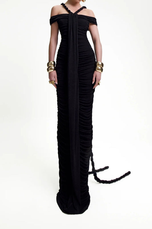 Bandage off shoulder maxi dress in black