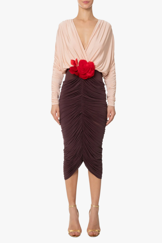 Long Sleeve Two-Tone pleated Midi Dress in Brown