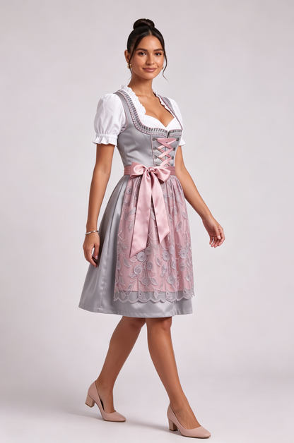 silver-grey satin-finish polyester fit-and-flare dirndl set