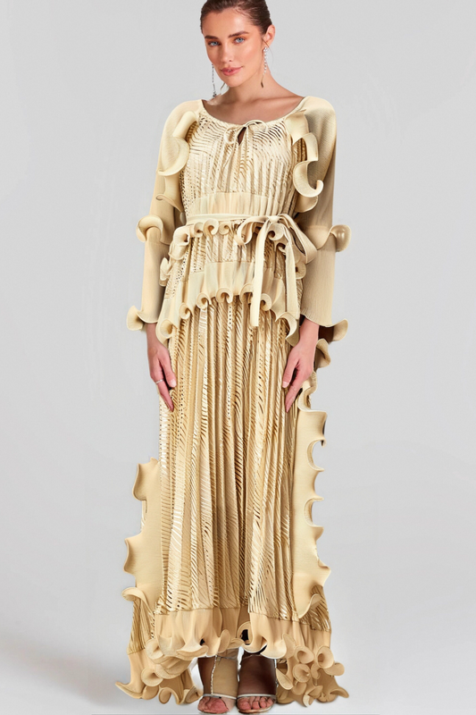 Ellie neutrals gilded ruffled midi dress