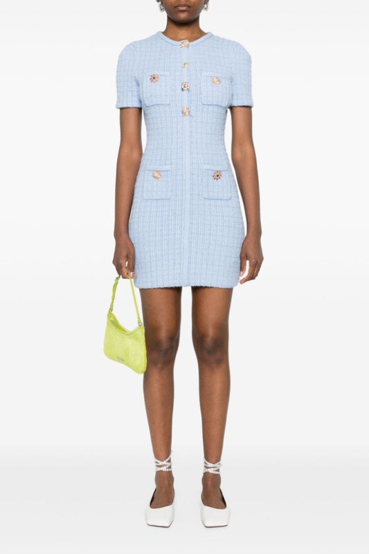 MODESTY BEADED BUTTON KNIT MINI DRESS IN BLUE