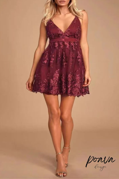 V NECK TULLE LACE SHORT BURGUNDY PROM DRESSES