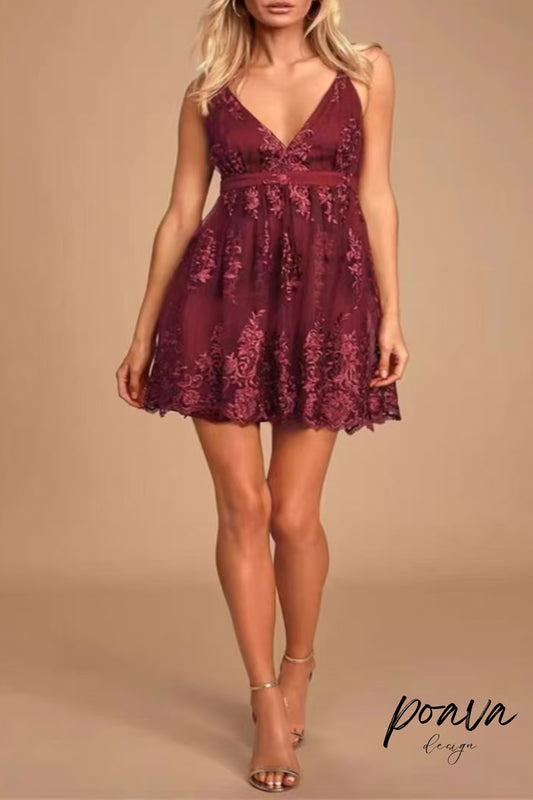 V NECK TULLE LACE SHORT BURGUNDY PROM DRESSES