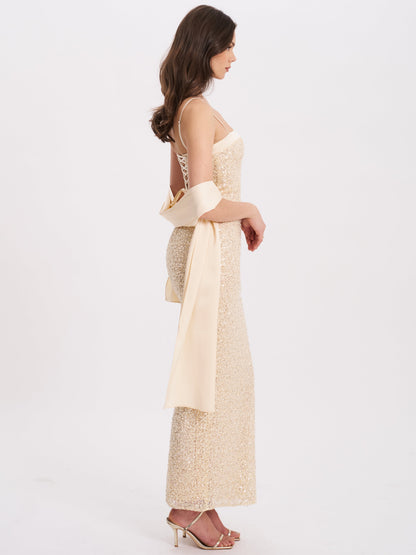 Raizel Gold Beaded Sequin Bodycon Gown with Scarf