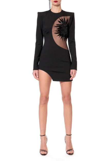 EMBELLISHED LONG SLEEVE BANDAGE MINI DRESS IN BLACK
