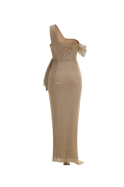 one-shoulder draped bodycon maxi dress in khaki