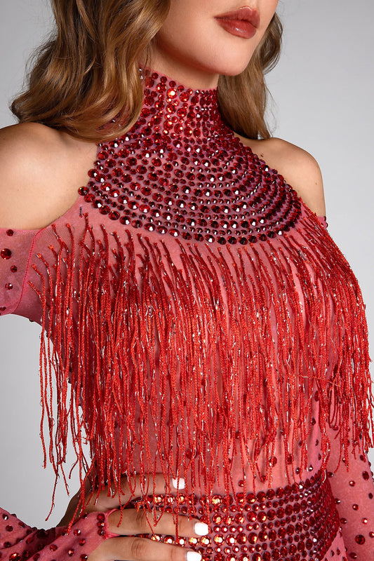Lillelis Halter Rhinestone Fringe Mesh Bodysuit