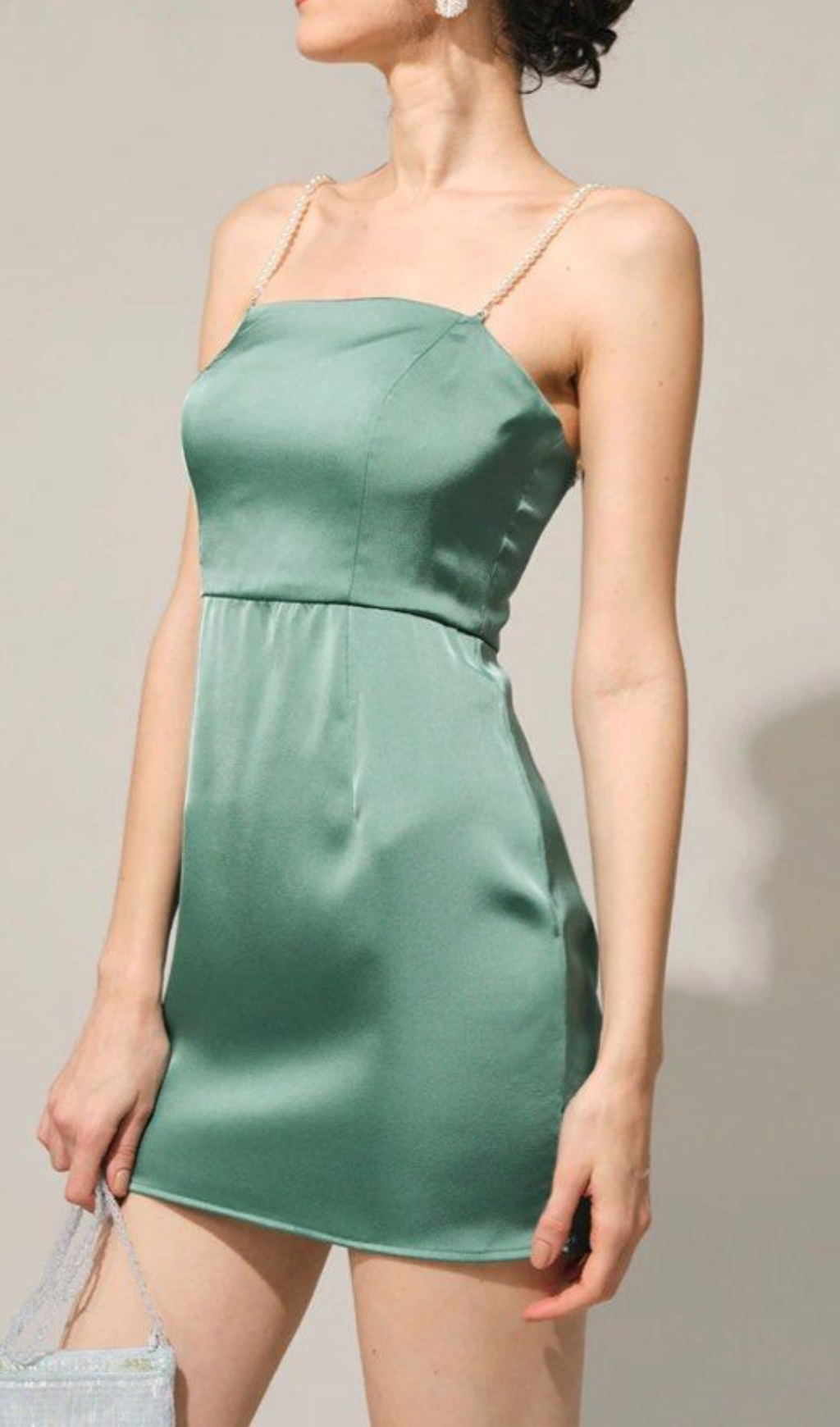 Pearl Strap Satin Mini Dress in green