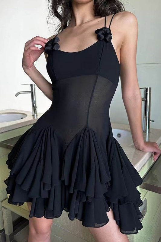 Lycra floral mini dress in black