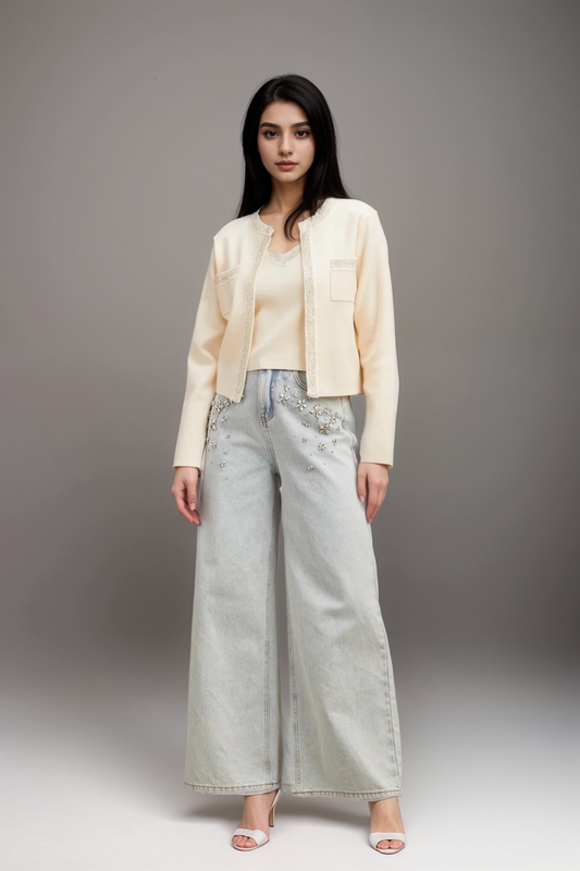 Celia white sequined fine-knit cropped top