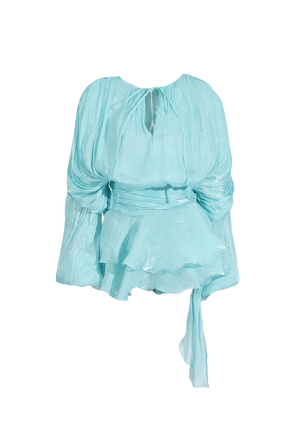 hermosa Balloon Sleeve Ruch Ruffle Mini Dress In Baby Blue