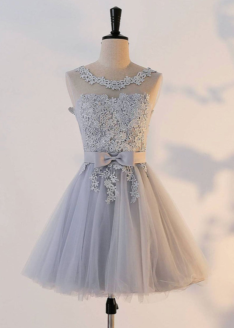 gray tulle lace mini prom dress