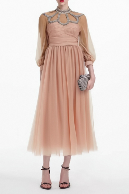 Calixte pink embellished tulle midi dress