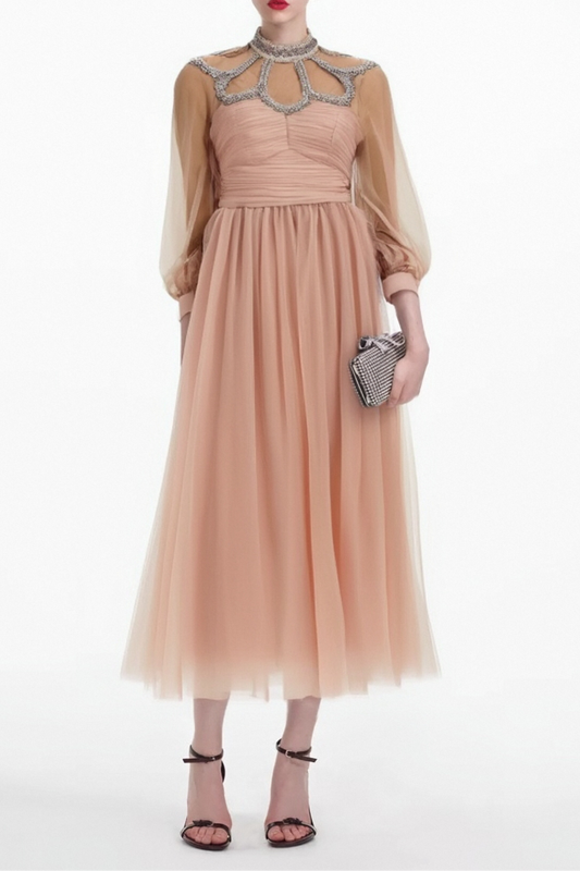 Calixte pink embellished tulle midi dress