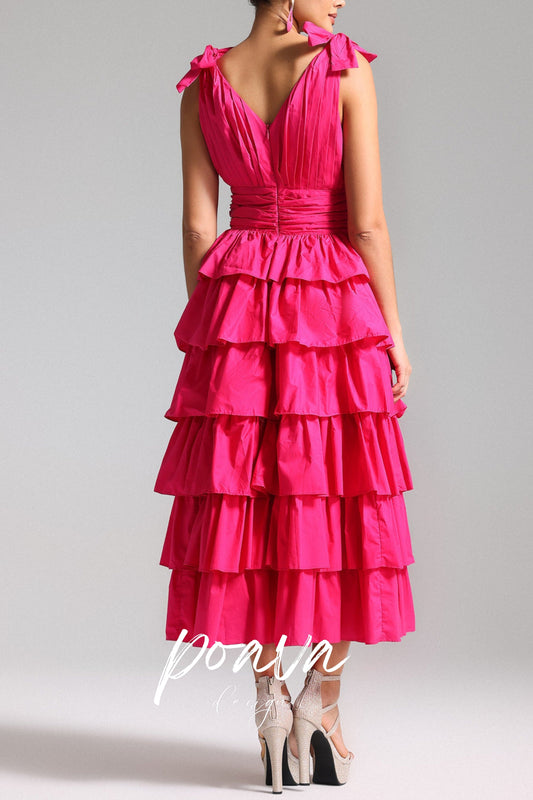 PLUNGE V RUFFLE TIERED SLIT GOWN IN PINK