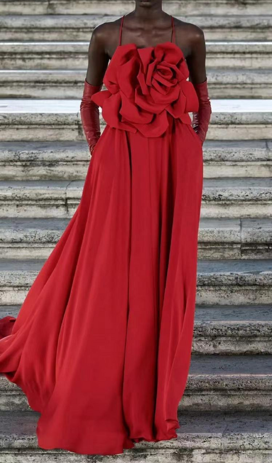 winifred 3d flower strap maxi dress in red