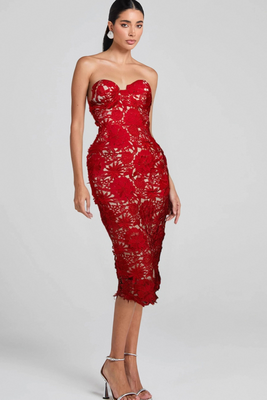 FLORAL EMBROIDERED MIDI DRESS IN RED